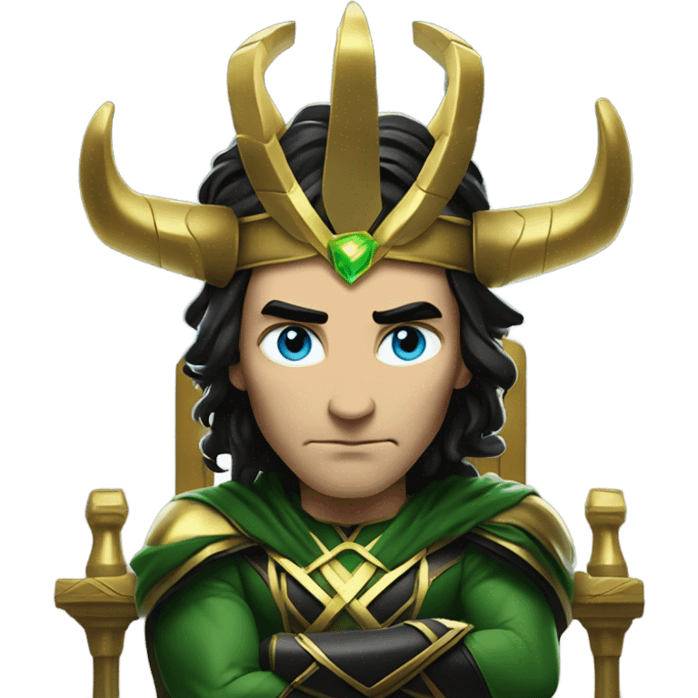 Loki season 2 End Holds the multiverse by green cables serius expernession, gold long crown horns, black hair, blue eye sitting in throne emoji