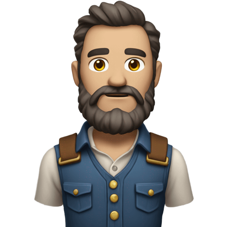 a rugged cowboy with a thick beard, wearing a blue vest over a classic western shirt and a brown belt with a silver buckle. He should have a confident stance, showing full torso emoji