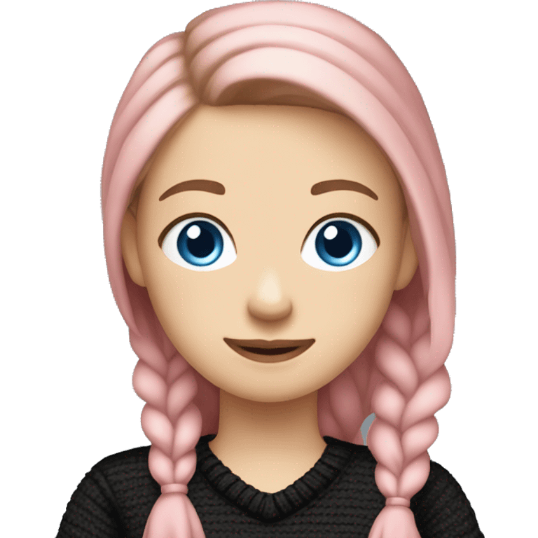 caucasian white IT girl student, holding pink laptop, blue eyes, brown hair ponytail wearing a thick black sweater emoji