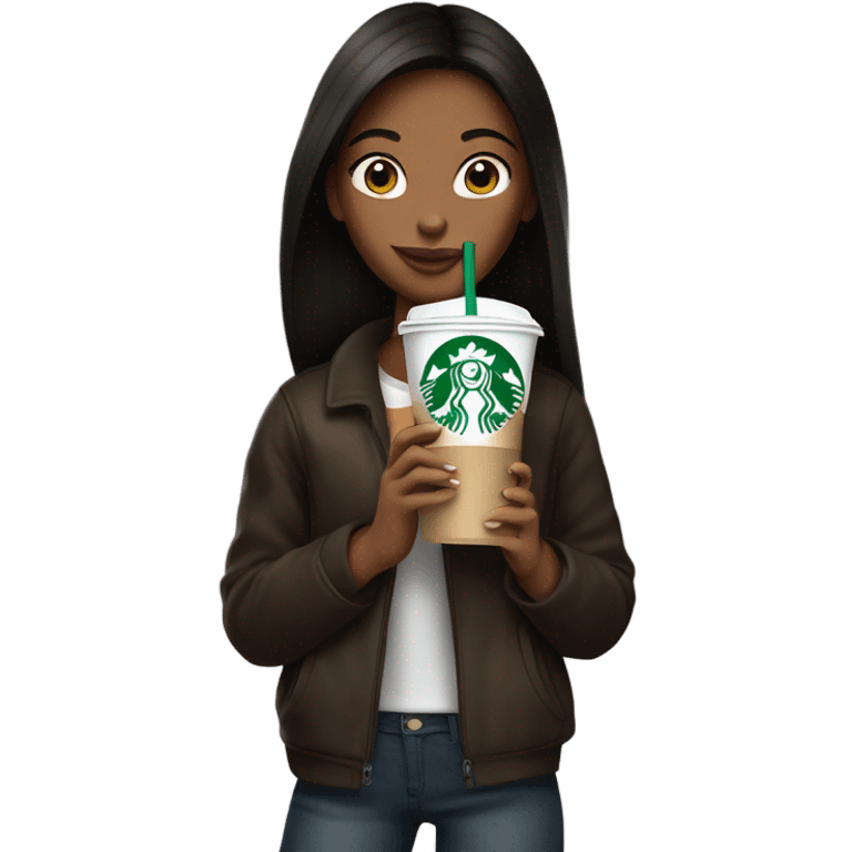 a girl with dark brownstraight hair and starbucks but style y2k emoji