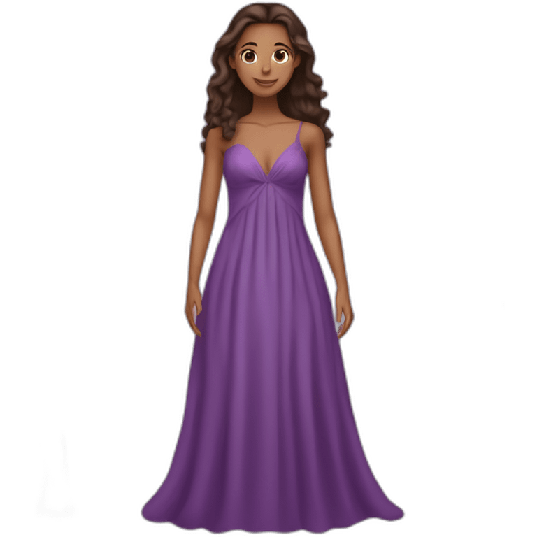 skinny brunette girl wearing a long and glowy purple dress emoji