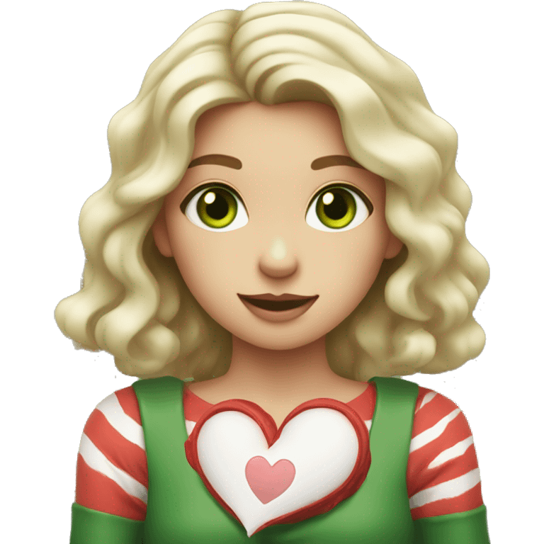 girl with red wavy stripes and green eyes with a heart in her hands emoji