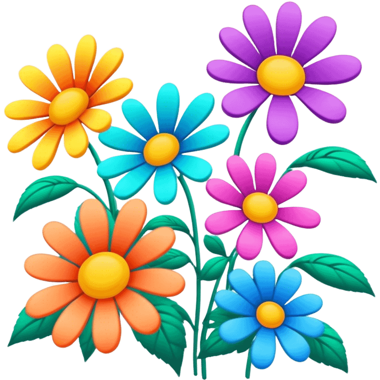 3D, psychedelic colored hippie style flowers in a line emoji