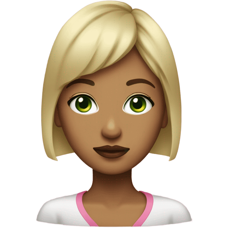 Girl with short blonde hair and bangs,green eyes,pouty pink lips emoji