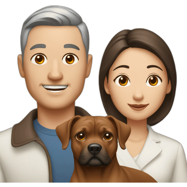 man and Chinese lady with brown Staffordshire terrier dog emoji