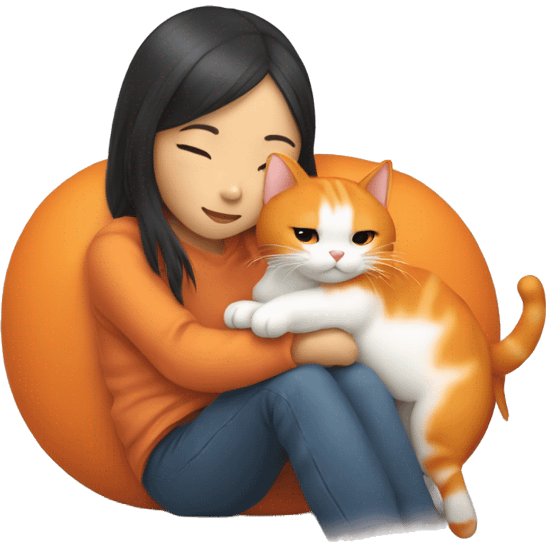 Asiat girl cuddling her orange cat emoji