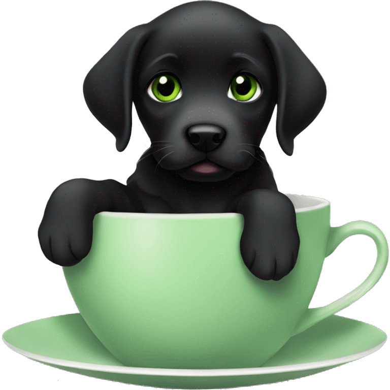 a black labrador puppy with green eyes sitting in a tea cup emoji