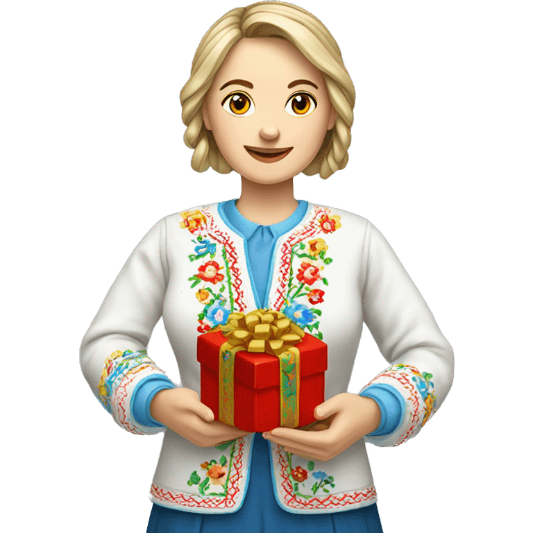 A female teacher in Ukrainian embroidery holds a gift in her hand emoji