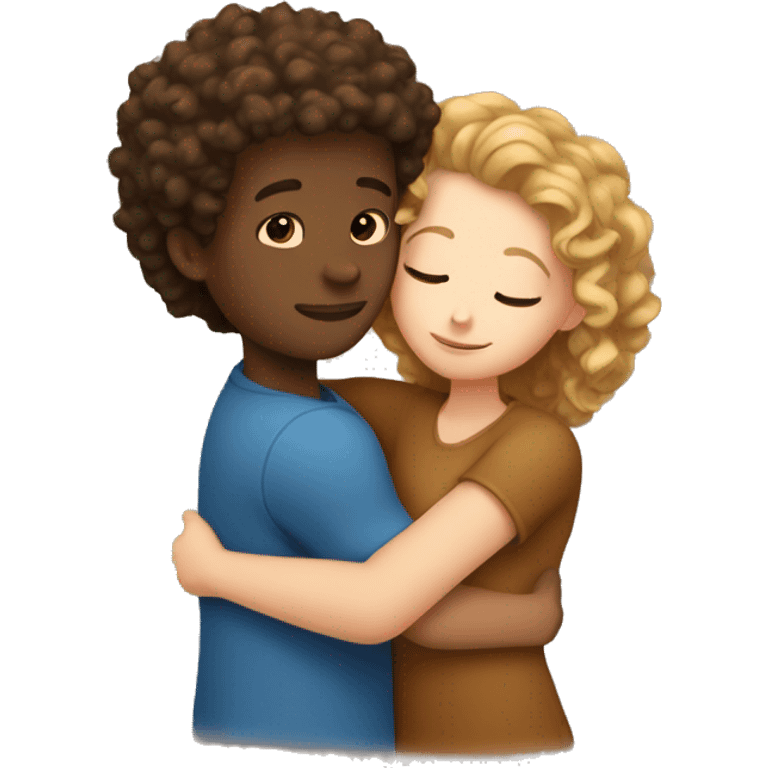 White Girl and curly hair brown boy hugging emoji