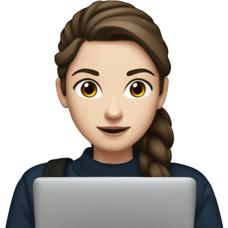 caucasian white girl student, holding laptop, blue eyes, dark brown hair ponytail wearing a thick black sweater emoji