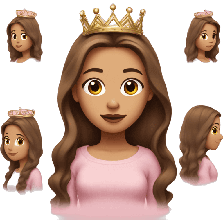 Female, fair skin, straight long brown hair, wearing a crown, baby pink lipstick, wearing sweater, fair skin tone emoji