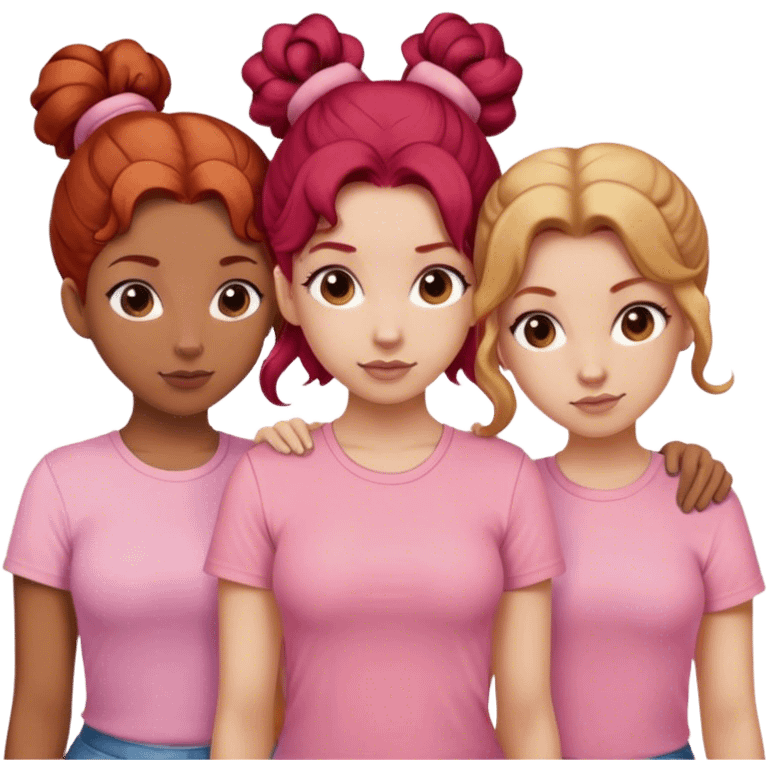 Three sisters one of them have red hair with buns. One of them have dirty blonde hair with ponytail. One of them have white curls with brown hair and they are all wearing pink shirts emoji