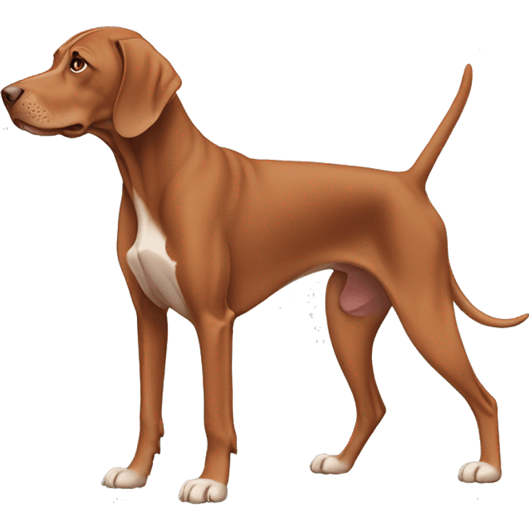 Vizsla dog. Standing. Side view. Looking forward. Older age with white paws and a white face emoji