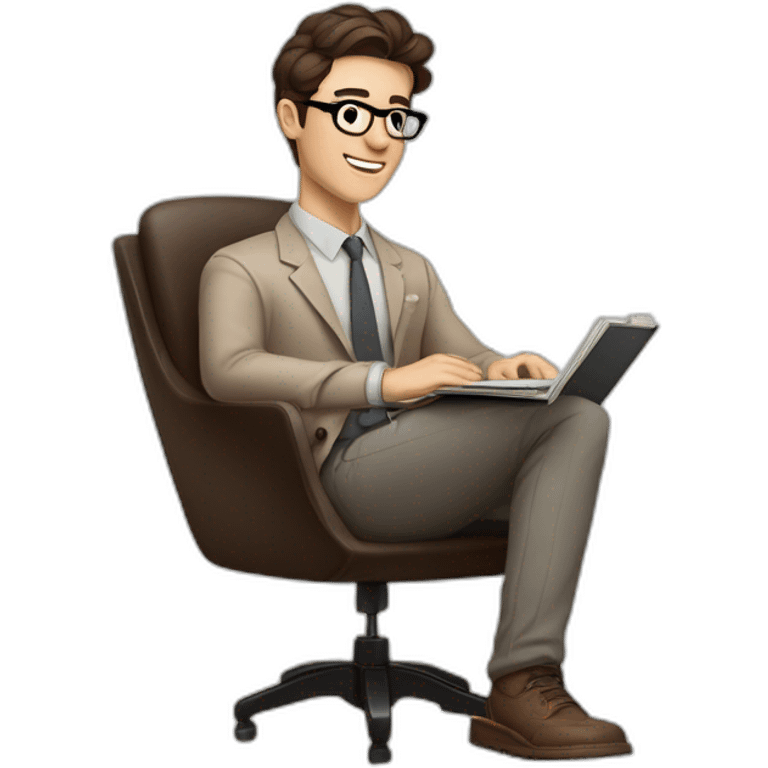 Pale skinned Fit Man With dark brown hair in gray jacket, beige office shirt, Brown pants and vintage glasses sitting In a soft chair with a notebook on spring with emblem Ψ and a pen emoji