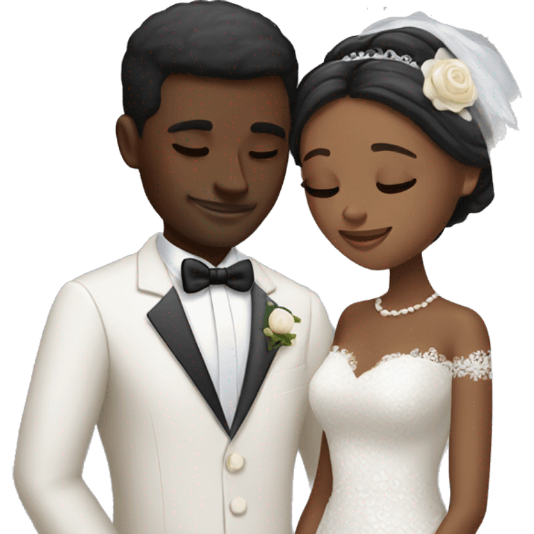 African Groom and bride. Tall Groom. Short bride. Black hair. Hugging each other. Eyes closed. Up close. emoji