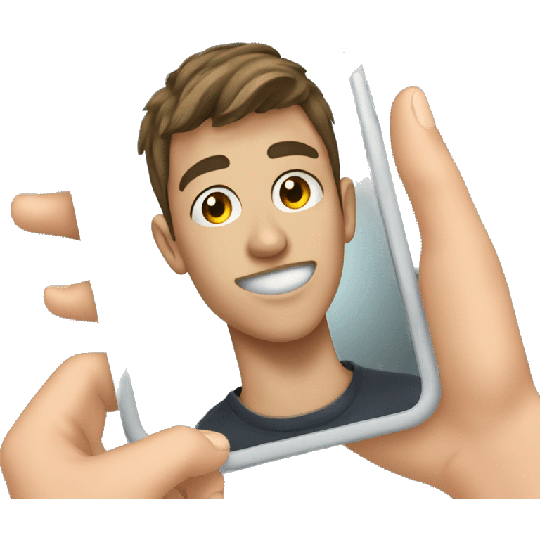 A teenage boy taking a mirror selfie with iphone emoji