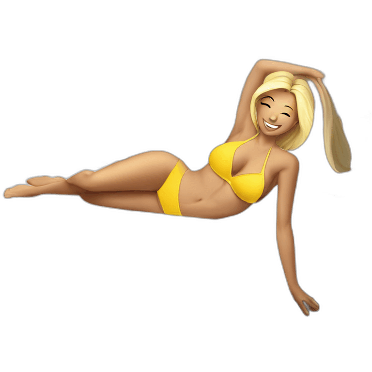 Sexy pose soft-fit Caucasian woman yellow bikini (beach body) bed emoji