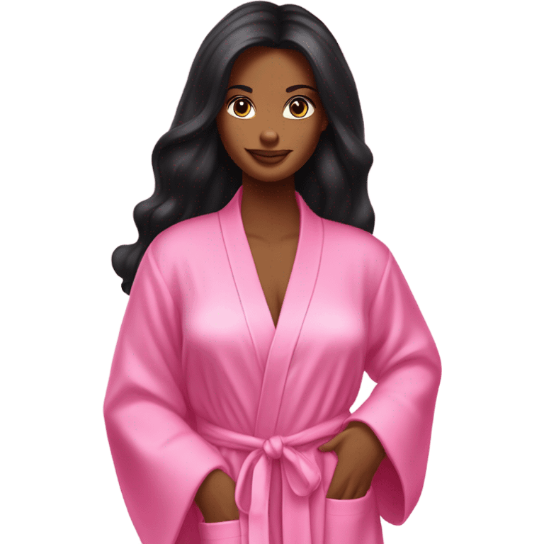 Tanned woman with long black hair wearing a silk pink Victoria’s Secret robe emoji