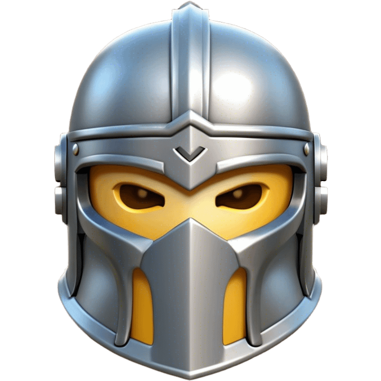 Clash of Clans aesthetic: Cinematic Playful Steel Helm Emoji, rendered in a 3D vector-style similar to standard emojis with minimal shading and bold, simplified shapes. A compact, isometric helmet crafted of shining steel with intricate engravings and a protective visor, softly glowing with a noble warrior charm. Simplified yet unmistakably iconic, highly detailed and consistent, glowing with a soft radiant gleam and high polish. Stylized with a touch of chivalric tradition and a soft glowing outline, capturing the essence of a stalwart battle helm with a friendly, playful manner! emoji