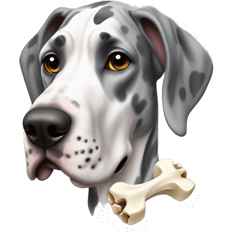 Gray and white harlequin Great Dane with bone emoji