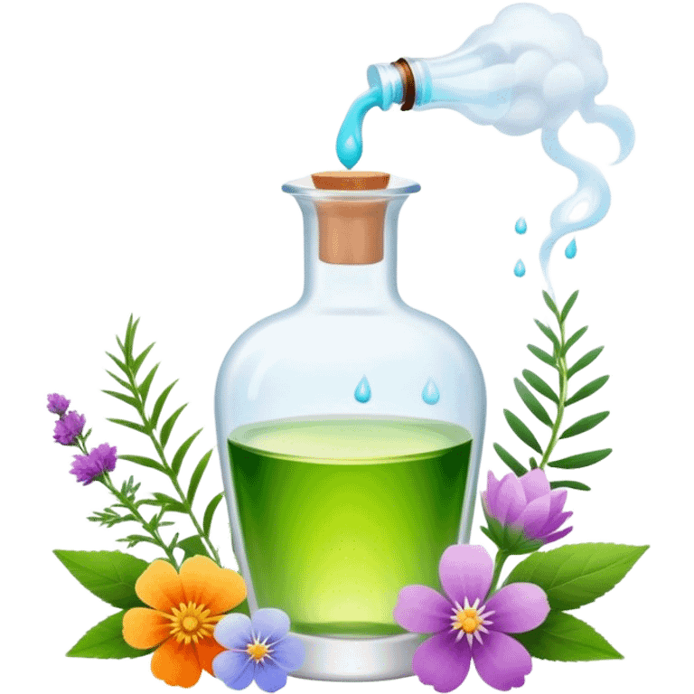 Perfume making icon, delicate glass bottle being filled with colorful essential oils from droppers, swirling mist rising from the bottle, flowers and herbs nearby, minimalistic style, clean lines, transparent background. emoji