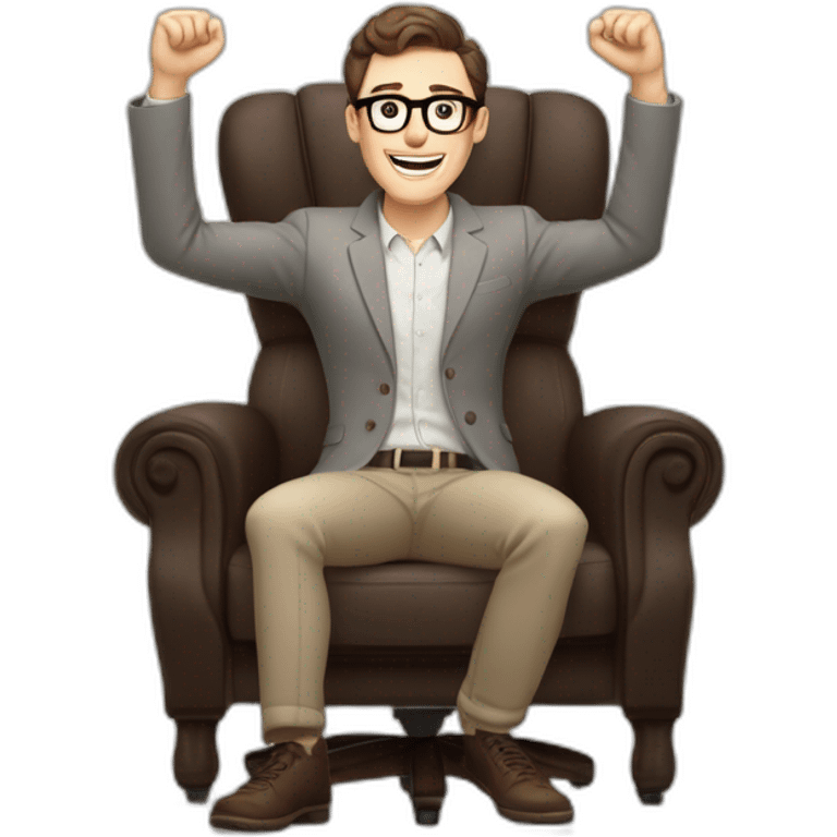 Joyful Celebrating victory Hands up Pale skinned Fit Man With dark brown hair in gray jacket, beige office shirt, Brown pants and vintage glasses sitting In a soft chair emoji