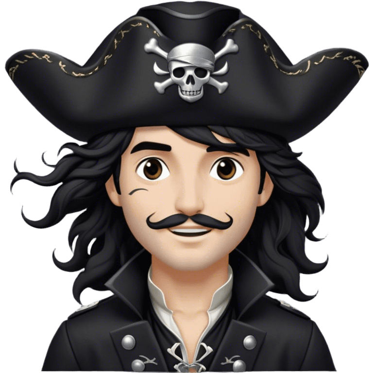 A charismatic pirate with wavy black hair tousled by the breeze. His silver-embroidered tricorn hat casts a shadow. Dark eyes glint with mischief as he looks to the side, a knowing smile on his lips. His black coat, adorned with silver buttons, shifts with the wind emoji