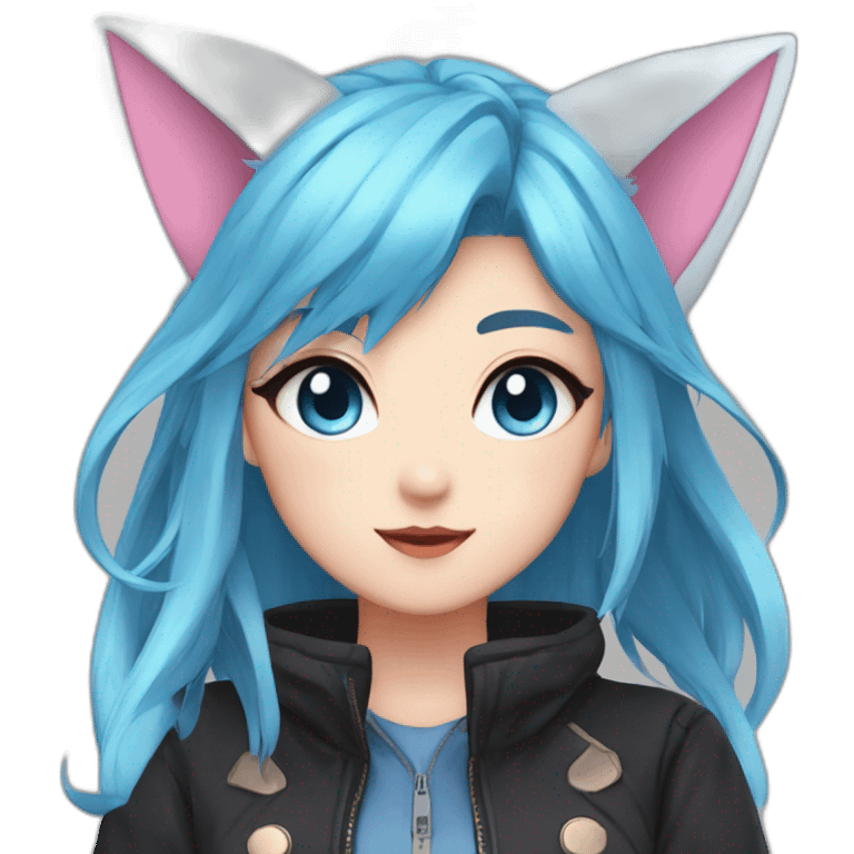 anime girl, fox ears, blue eye, blue hair, pink hair, Black jacket emoji