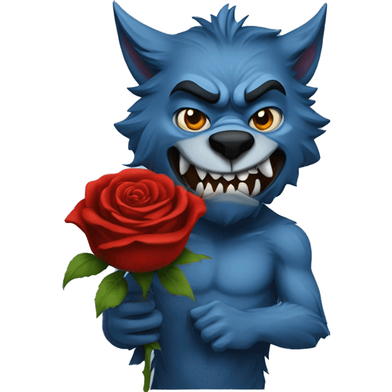 Sad blue werewolf, with a serious face, holding a rose in his mouthd emoji