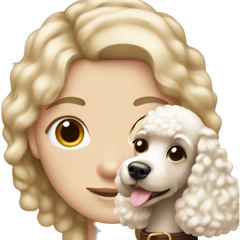 Blonde girl with blue eyes holding poodle with chocolate brown and white hair emoji