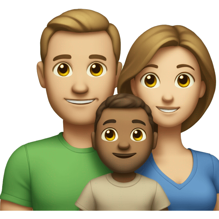 A family of three. The mom is pale with brown hair and green eyes and freckles. The dad is slightly tan with brown hair, brown eyes and a crooked closed mouth smile. The baby is an infant, with light brown hair, blue eyes, and a fire truck shirt emoji