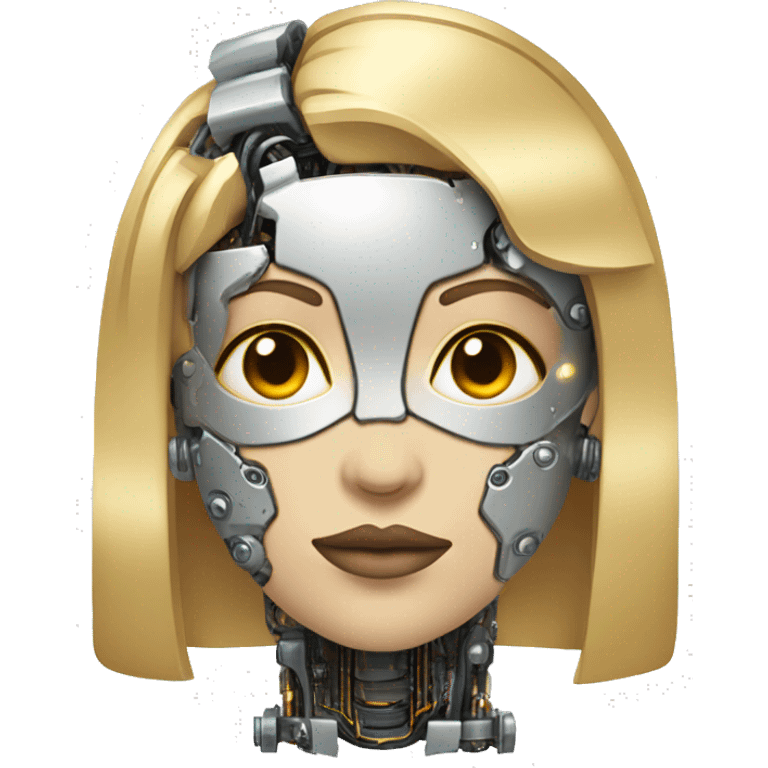 female cyborg head with metallic plated face, blonde bobbed hair and circuitry emoji