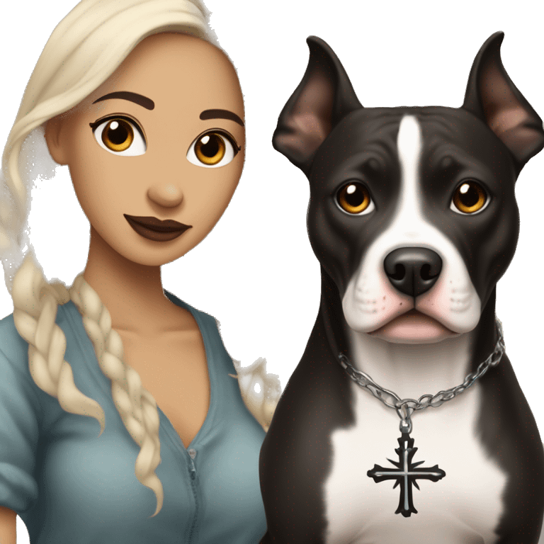 light skin woman with a tattoo of a small cross near her eye and long wavy black hair expressing joy alongide a white and brown pitbull emoji