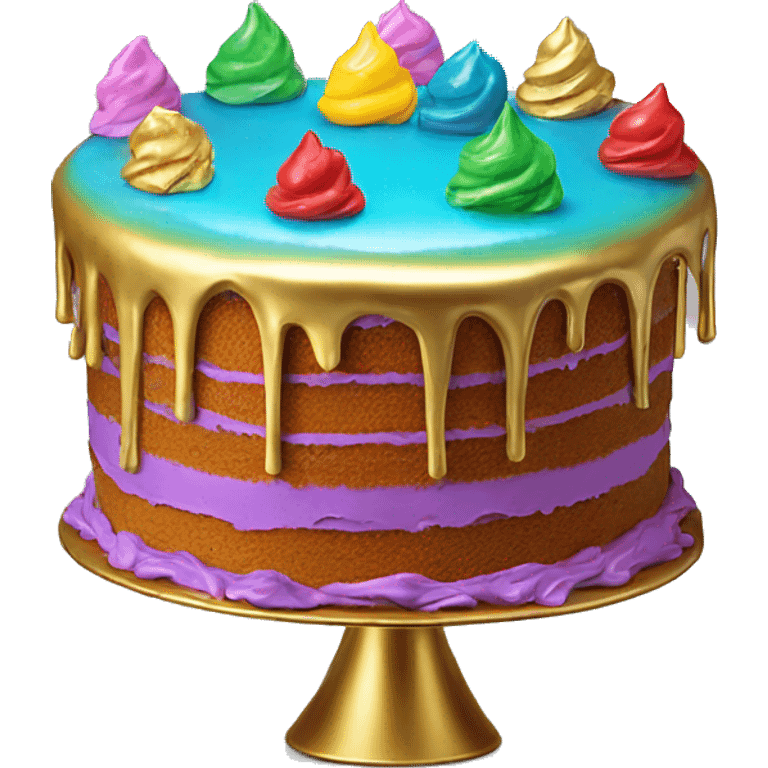 Realistic isolated colorful cake with metallic gold icing dripping from top and all down along the cake emoji