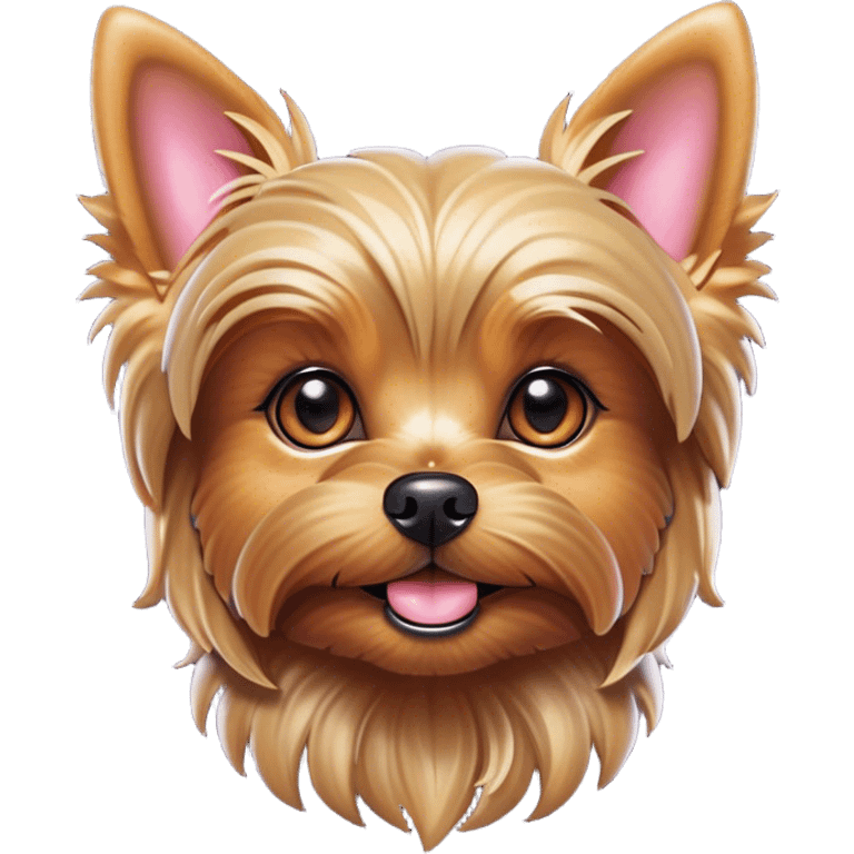 Cinematic Cute Yorkshire Terrier Portrait Emoji, Head perked with bright, twinkling eyes and a perky expression, showcasing a soft, silky fur in rich hues, simplified yet adorably detailed, glowing with a cheerful, inviting glow, high shine, exuding playful intelligence and spunky charm, styled with a gentle, whimsical outline, capturing the essence of a cute Yorkshire Terrier that appears ready to frolic off the screen with irresistible energy! emoji