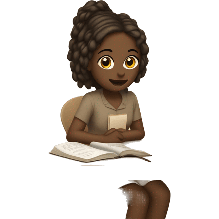 A girl at a table with a laptop. A a cup of coffee on the left side of the table. Books on the right side of the table. in beige tones emoji