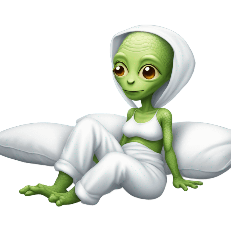 Reptilian alien woman, in white in pajamas, sleeping to bed emoji