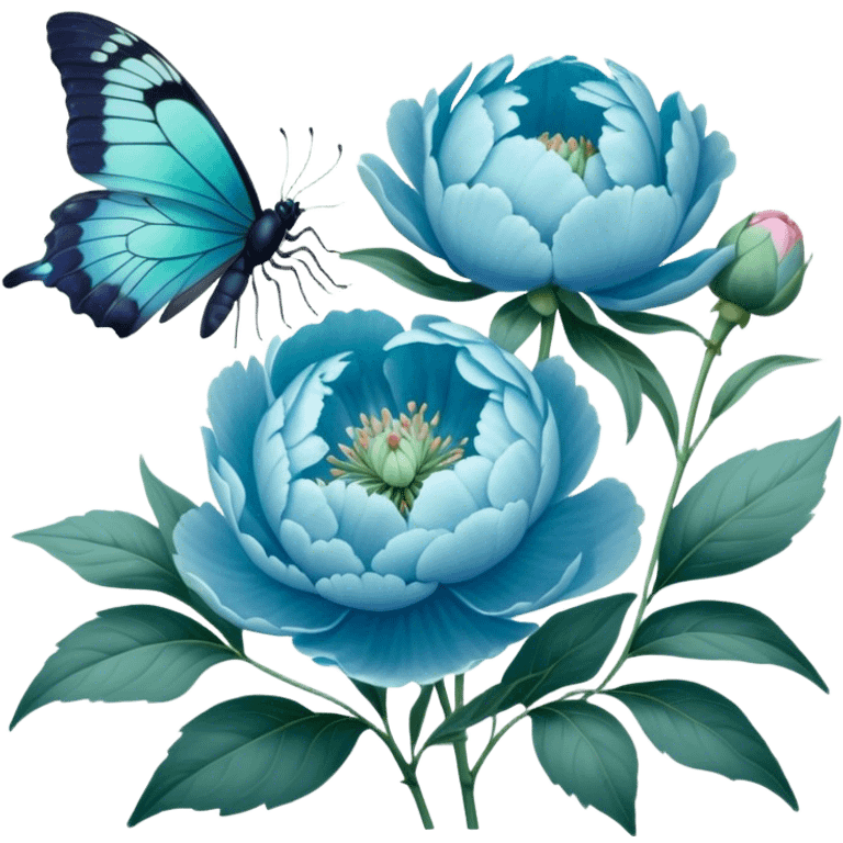 A soft pastel-toned painting of blue peonies and a green butterfly, inspired by vintage floral art. emoji