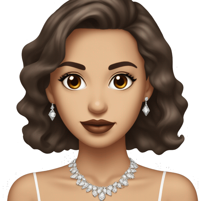 Girl with brown eyes and a fair skin tone long eyelashes and long dark brown hair in a side parting in a wavy/blowout effect style wearing white scoop neck top and wearing a diamond necklace in the shape of an M and plump glossy lips emoji