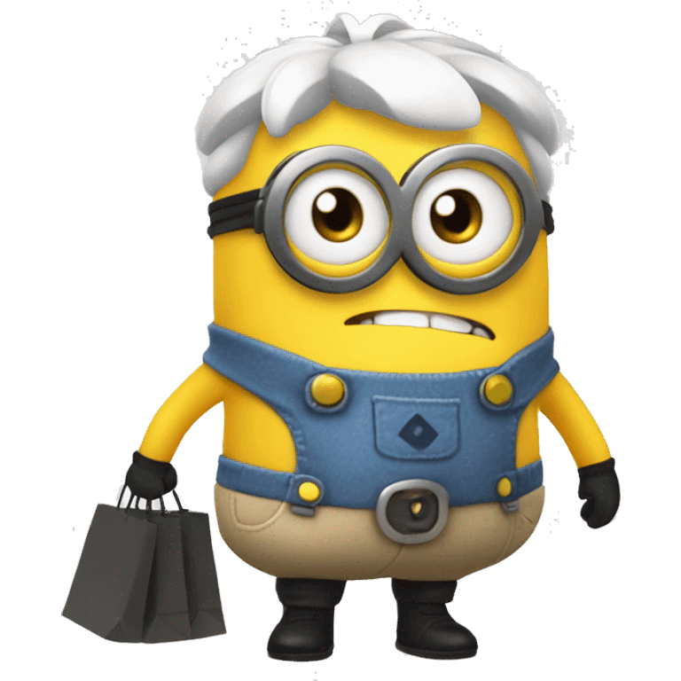 Despicable 4 character mega minion with a white hair bow and skirt, eyelashes, and shopping bags emoji