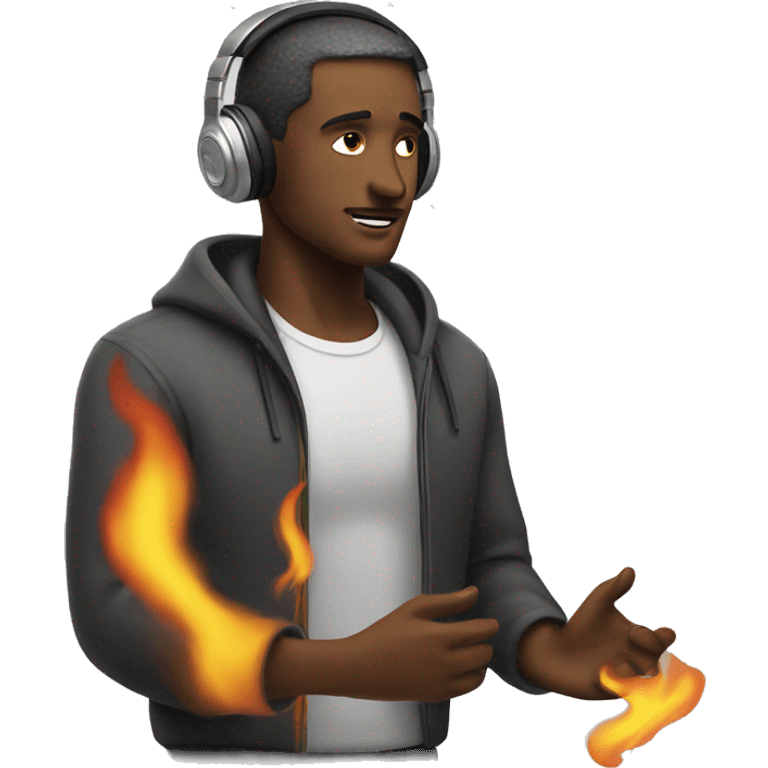 A man listening to headphones on fire emoji