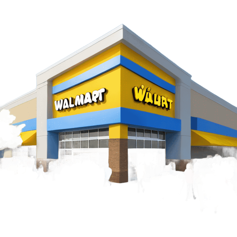 “Exterior of a Walmart store with the sunburst logo above the entrance, blue facade with yellow accents, large sliding glass doors, and shopping carts lined up outside, capturing the look of a busy retail supercenter.” emoji