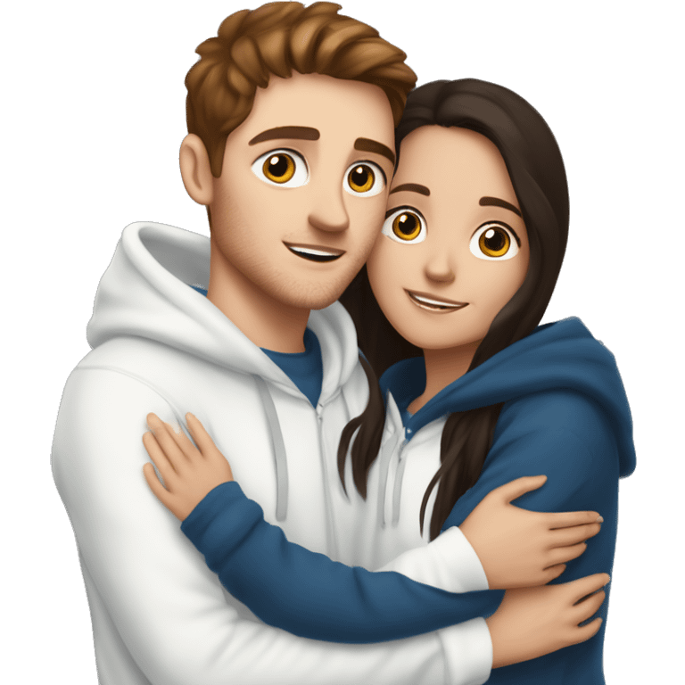 A light brunette girl with brunette eyes who is approximately 5,2 with a black hoodie and pijamas hugging a blue eyed light brunette boy with freckles wearing pijamas and a white hoodie emoji