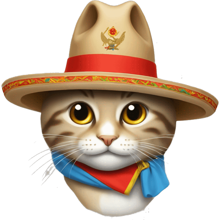 Un gato con un sombrero ruso y la banderade de la unión soviética  emoji