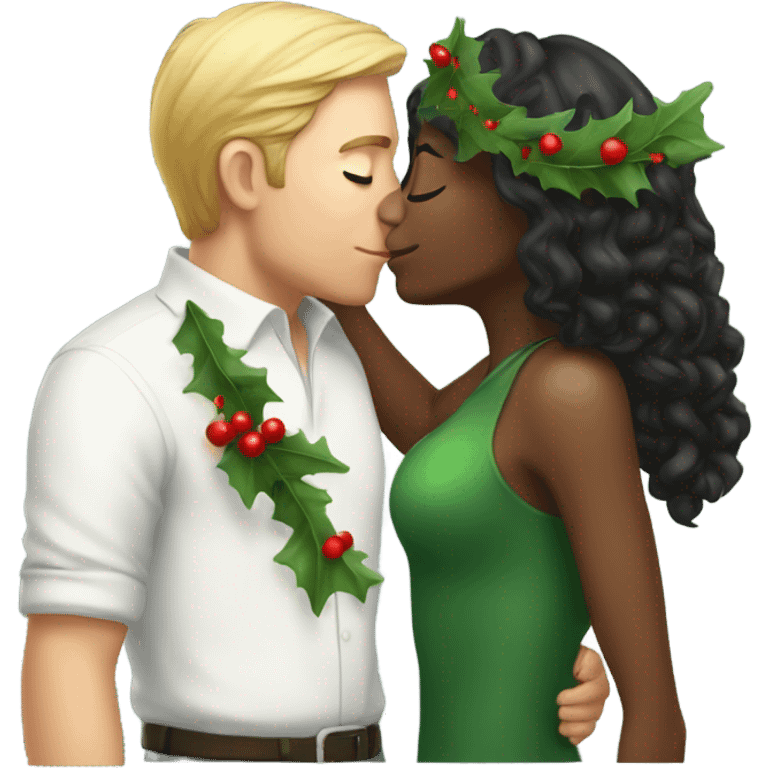 Light dark girl kissing white man under a mistletoe emoji