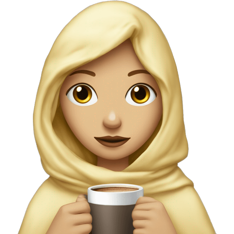 Blondie girl inside a blanket sipping coffee eyes close emoji