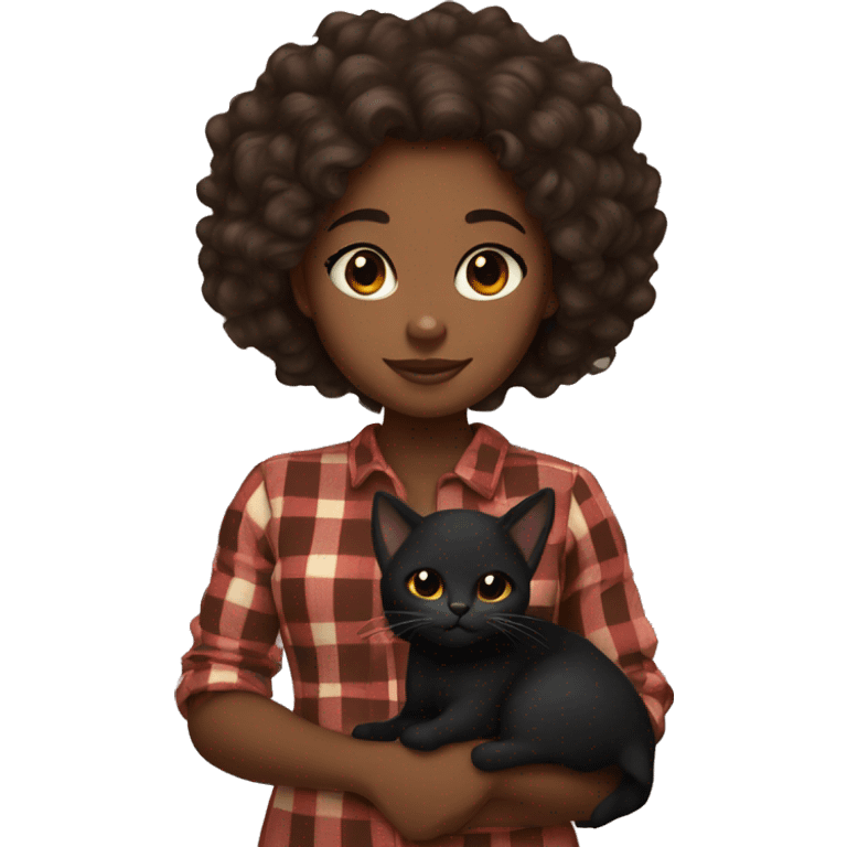 a brown skin girl with curly hair holding a black cat with an plaid color  emoji