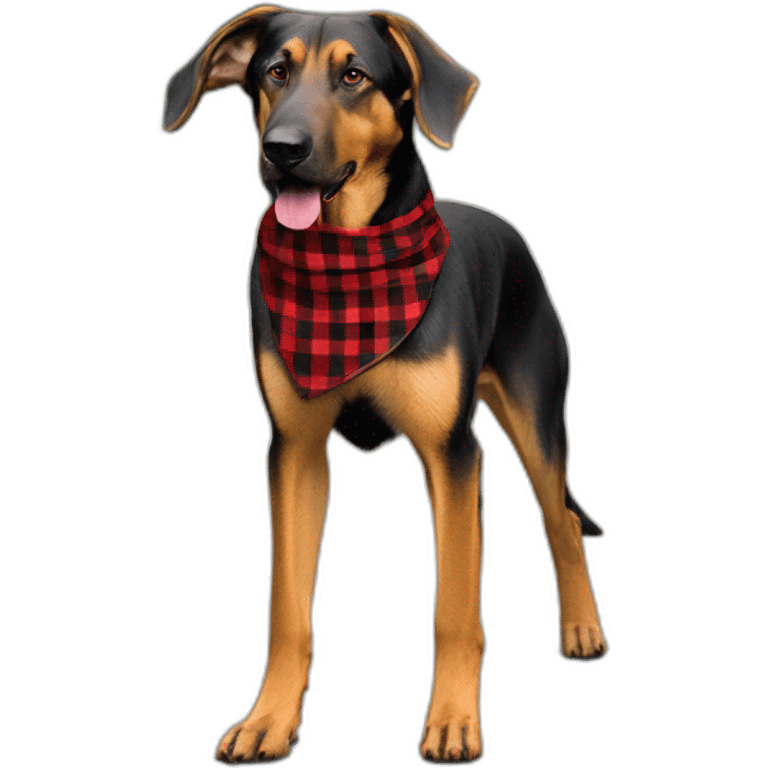 adult 75% Coonhound 25% German Shepherd mix dog with visible tail wearing small pointed red buffalo plaid bandana full body walking left quickly emoji