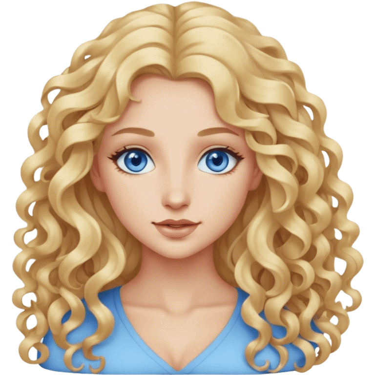 beautiful woman, long curly blonde hair, blue eyes, blue eyes,  emoji