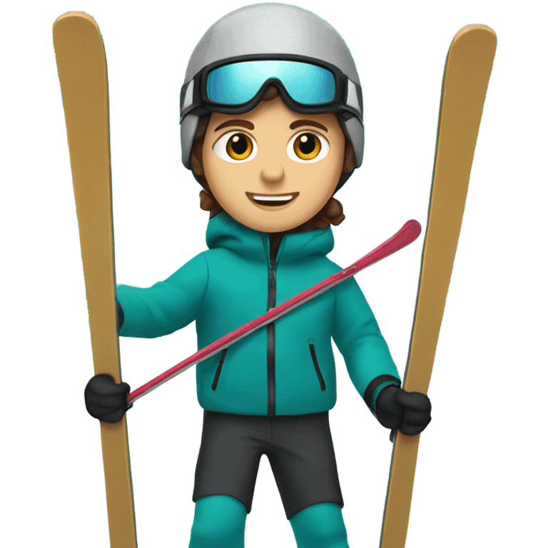 white Boy with wavy brown hair skiing on teal skis. He is wearing a gray coat and black snow pants  emoji